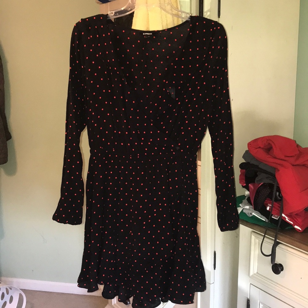 Black long sleeve dress with red polka dots
